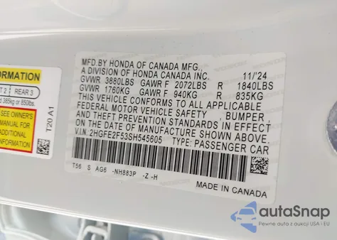 2025 Honda Civic Sport из США, поврежденный, VIN 2HGFE2F53SH545605